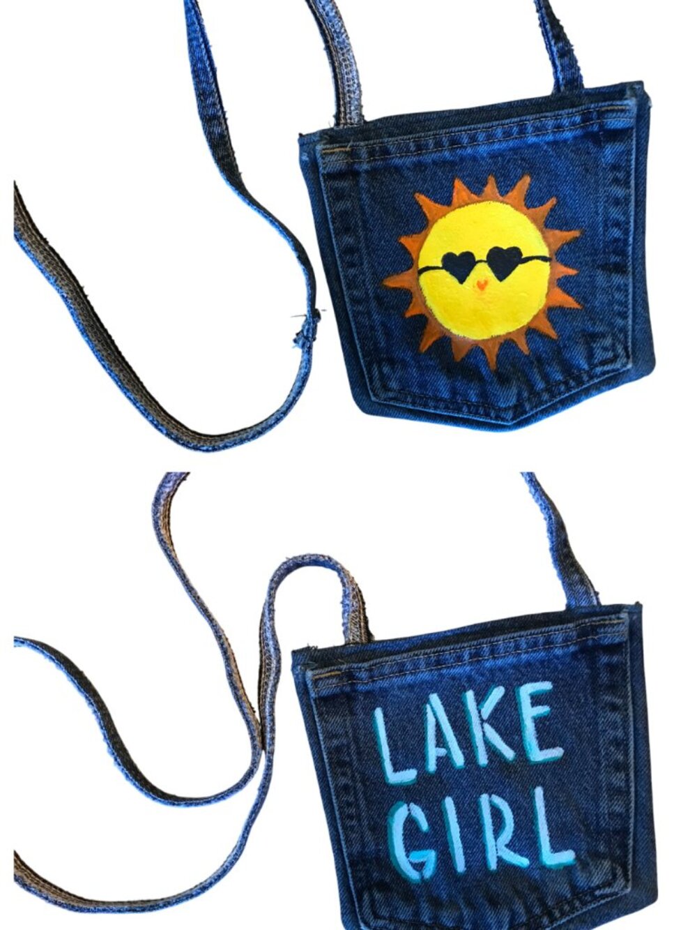 Handmade Crossbody Bag, Lake Girl Theme Cell Phone Holder, Recycled Denim Purse
